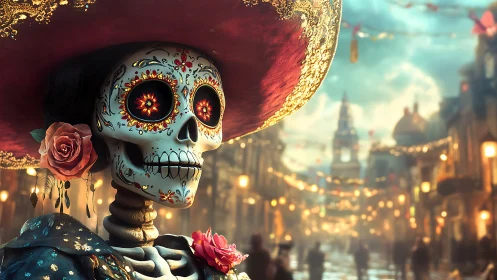 Elegant sugar skull in festive D&iacute;a de Muertos street scene.