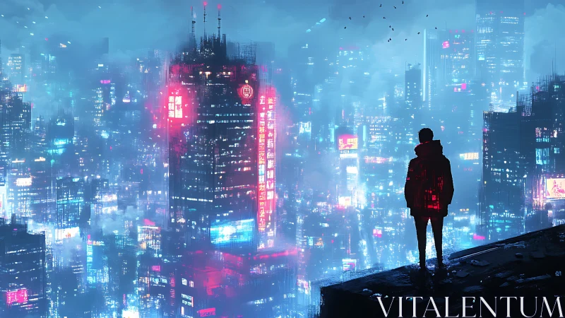 Lone dreamer gazing over neon city lights at midnight.