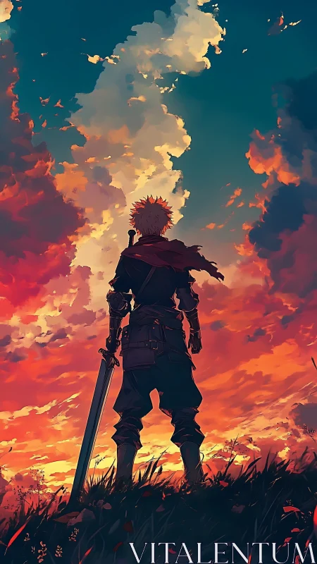 Solitary swordsman beneath blazing sunset cloudspire.