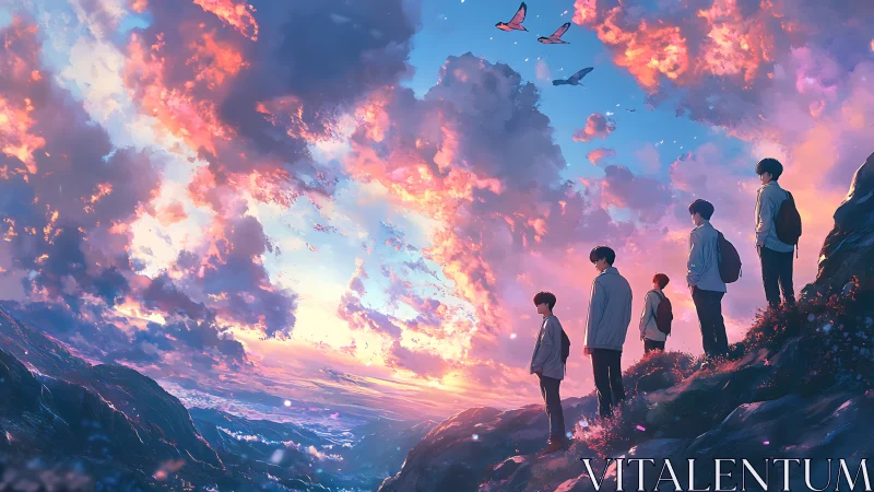 Group of students observing colorful sky from hillside ridge.