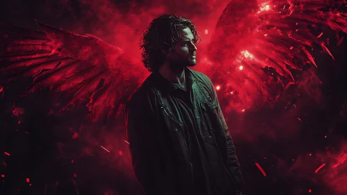 Male figure with red spectral wings in dark environment.