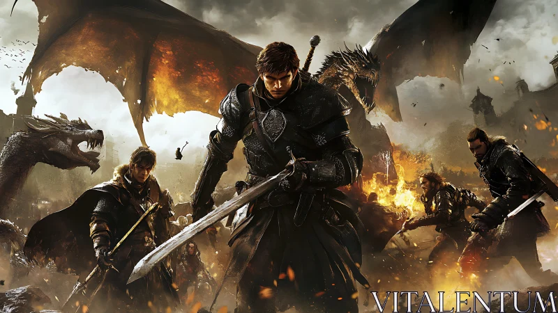 Armored heroes clash with dragons above a burning citadel