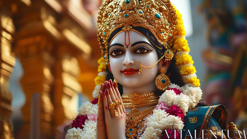 Hindu goddess statue with garlands stands in temple courtyard