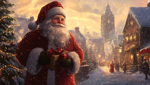 Santa Claus walks through a glowing snowy village street.