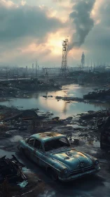 Rustbound sedan waits for sunrise over drowned wasteland