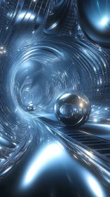 Futuristic chrome tunnel with reflective spheres in motion.