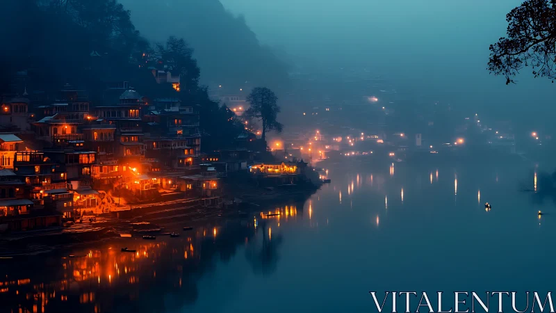 Riverside town at dusk with warm lights reflecting on water.
