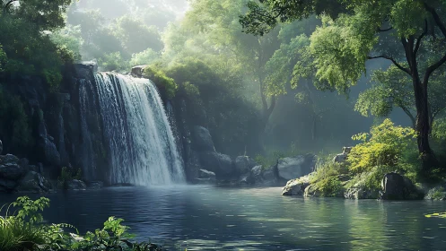 Sunlit forest waterfall cascades into a tranquil emerald pool