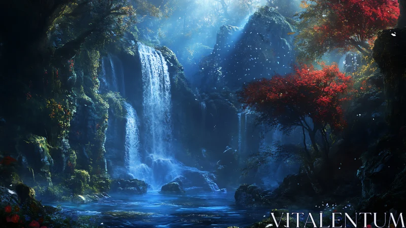 Spectral cascade basin with volumetric light and chromatic foliage.