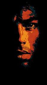 Intense half-lit portrait glowing in rich fiery colors.