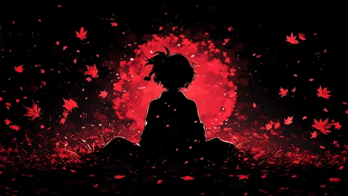 Silhouetted figure before crimson moon and drifting maple leaves