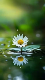 Macro daisy on water with ripples and falling droplets.