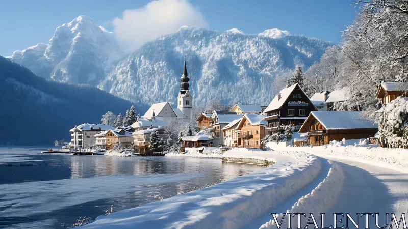 Snow covered lakeside village is framed by winter mountains