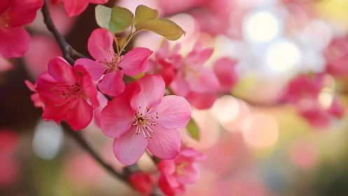 Pink Spring Blossoms on Branch Bloom in Soft Light.