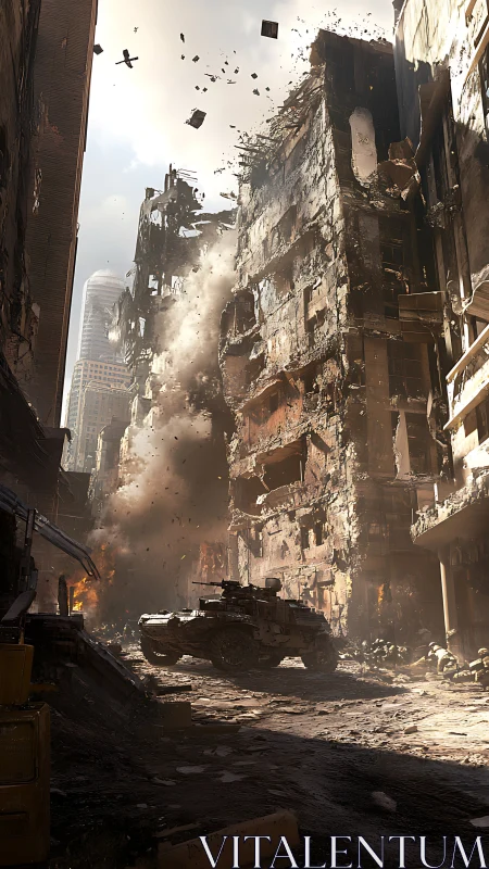 Armored assault vehicle amid high-rise structural collapse.