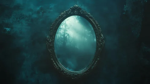 Ornate oval mirror reflecting misty forest light. Period.
