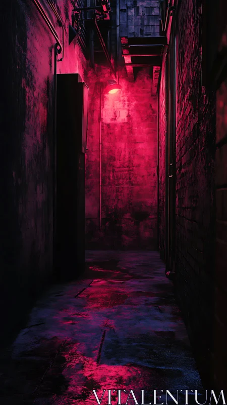 Neon lit urban alleyway with wet reflective pavement.