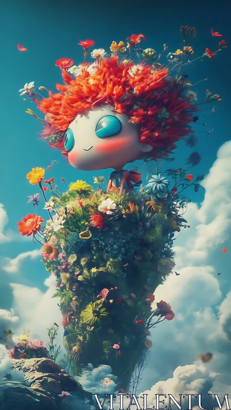 Surreal floral sprite on vertical sky garden pedestal.