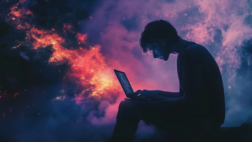 Silhouetted coder with laptop against vivid cosmic nebula.