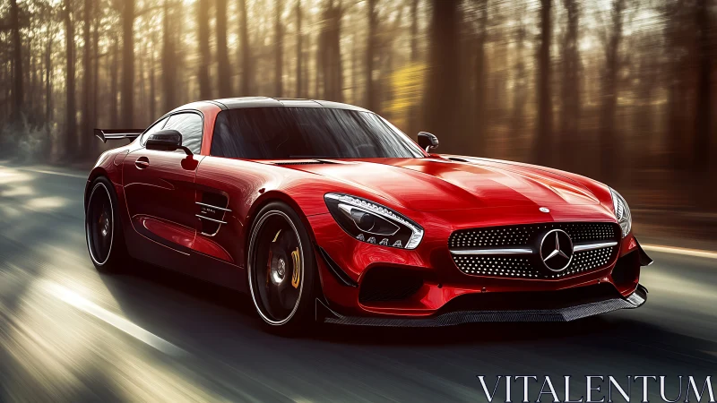 Scarlet supercar slices through forest light at full speed