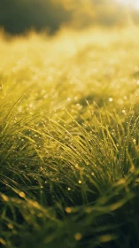 Backlit dew-laden grass blades in shallow morning focus field