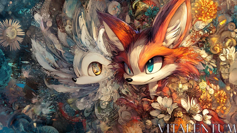 Twin fox-like creatures emerge from dense floral abstractions