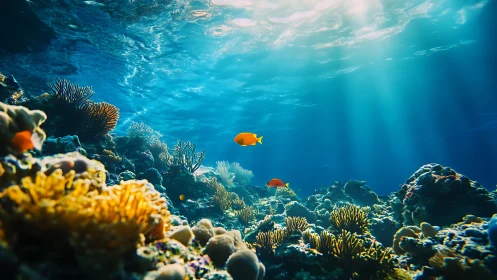 Photorealistic coral reef panorama with luminous sunbeams.