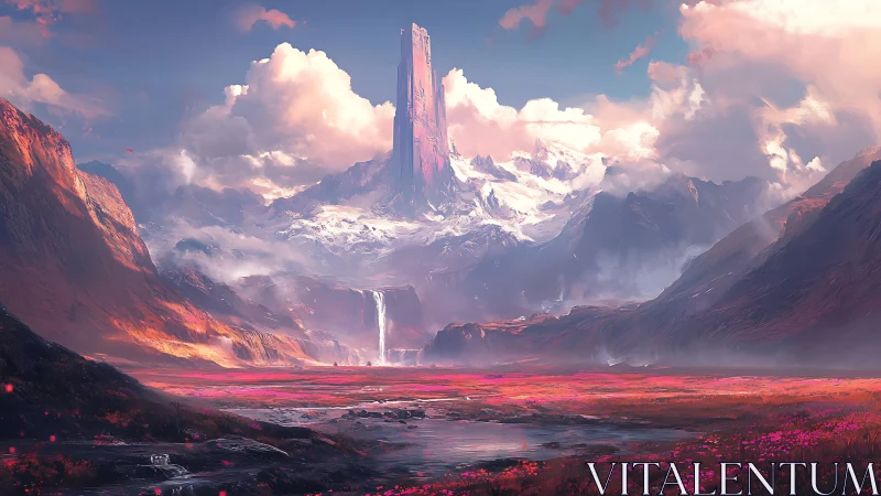 Tower-like mountain formation rises above snowy valley basin