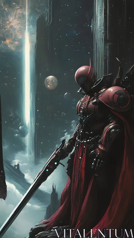 Crimson space knight guards colossal void-lit citadel.