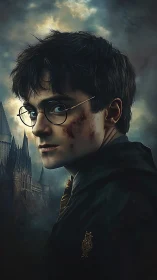 Photorealistic young wizard portrait with gothic castle backdrop.