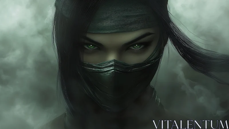 Emerald eyed shadow warrior emerging through silver mist.