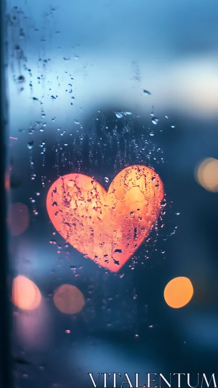 Heart shape illuminated behind water droplets on glass surface.