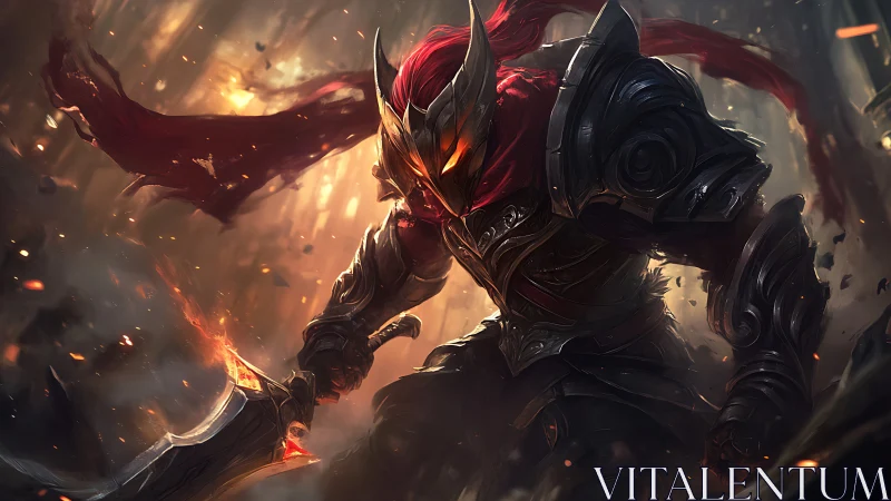 Blazing armored warrior strides through storm of sparks.