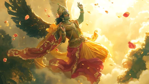 Divine winged deity in radiant celestial cloudscape digital painting.