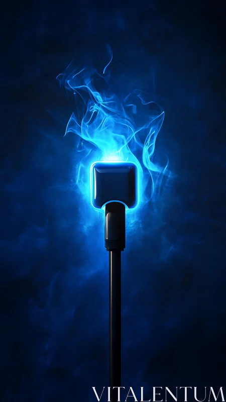 Luminous blue charging connector engulfed in digital flame.