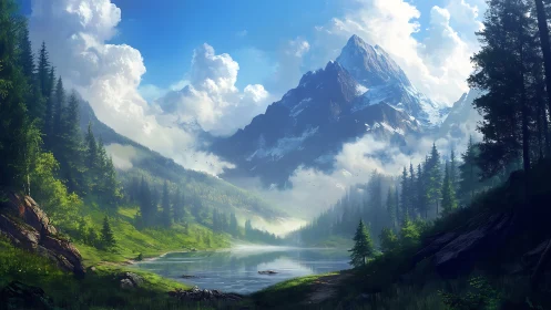 Digital alpine landscape depicts lake, forest, and clouded peak