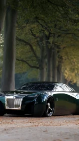 Aerodynamic luxury grand tourer beneath ordered tree canopy.