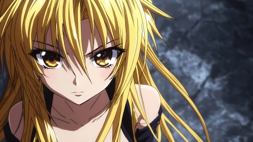 Storm-eyed golden warrior girl framed in cracked twilight.