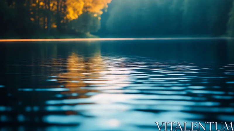 Golden forest reflections ripple across a tranquil blue lake