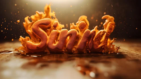 Fiery 3D "Sunid" Text Design on Wooden Surface, Dramatic Lighting.