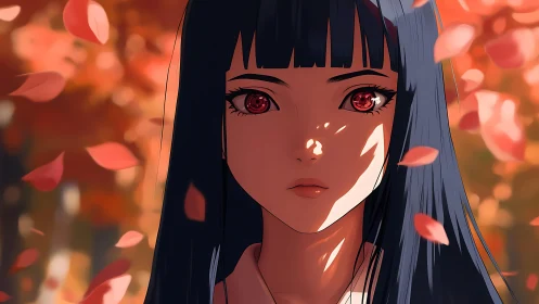 Autumn-lit anime girl gazes ahead amid drifting red leaves
