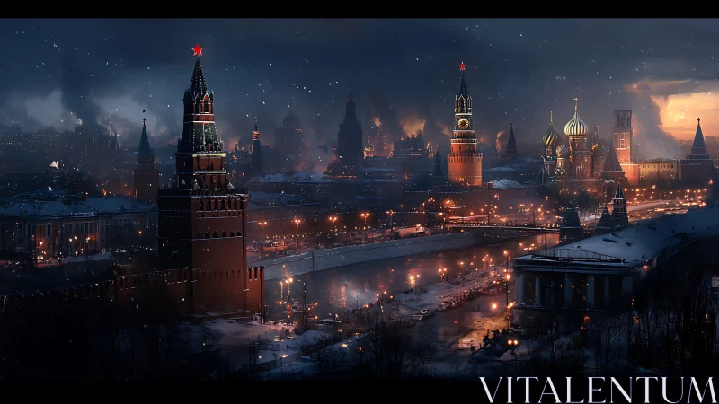 Digital painting of nocturnal Kremlin skyline in winter storm.