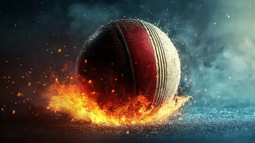 Cricket ball erupts from molten turf in roaring cinematic blaze