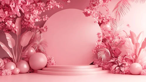Monochrome pink botanical podium within floral spheres.