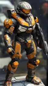 Battle-worn orange exosuit trooper in detailed 3D armor.