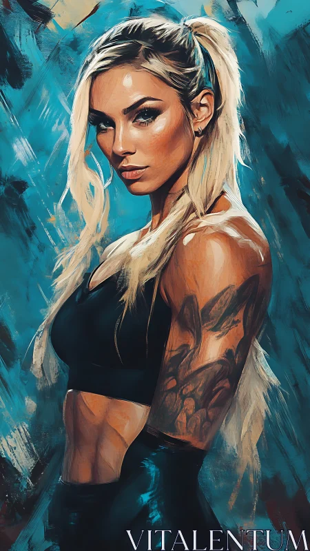 Tattooed fitness woman in teal abstract digital portrait.