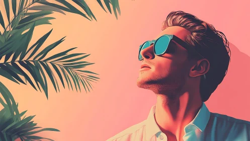 Stylized man in sunglasses against pink tropical backdrop.