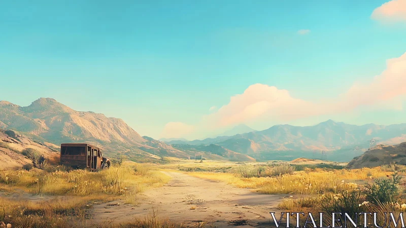 Sunlit arid valley road with abandoned truck and layered mountains