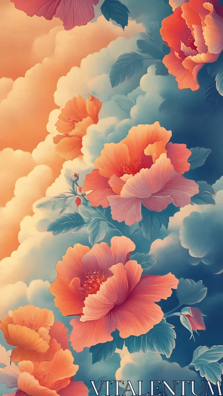 Blooming flowers drift through ethereal clouds and golden light.