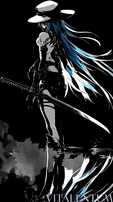 Backlit anime swordswoman with katana and reflective water surface